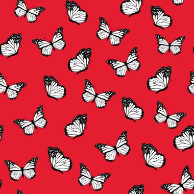 Kırmızı arkaplanda siyah ve beyaz kelebekler var. Elle çizilmiş kusursuz model vektör çizimi. Tekstil, kağıt, bebek, kumaş, hediye paketi ve daha fazlası için harika..