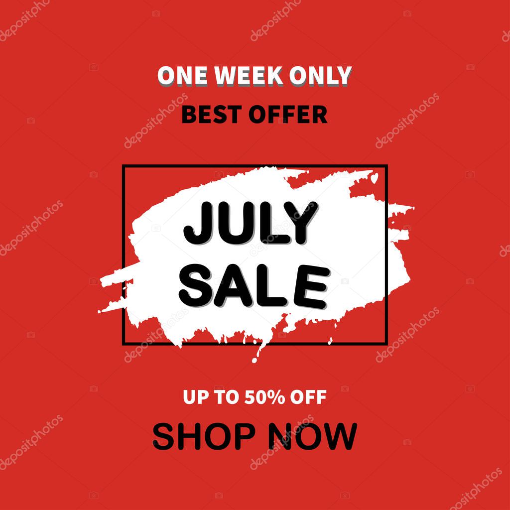 July sale text. Sale offer price sign. Brush vector banner. Discount text. Vector illustration for post, social media.