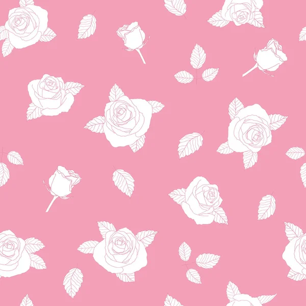 Weiße Rosenblüten Und Blätter Vereinzelt Auf Rosa Hintergrund Handgezeichnete Florale — Stockvektor