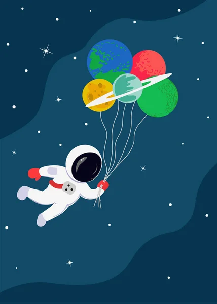 気球のような惑星が飛び交う宇宙飛行士 子供の誕生日パーティーのためのベクトルイラスト5X7招待カードのデザイン ポスター テキストのコピースペース — ストックベクタ