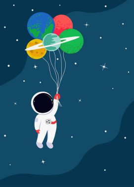 Astronot gezegenlerle yüzüyor, balon gibi, düz çizgi film tarzında. Çocukların doğum günü partisi için vektör illüstrasyonuName.