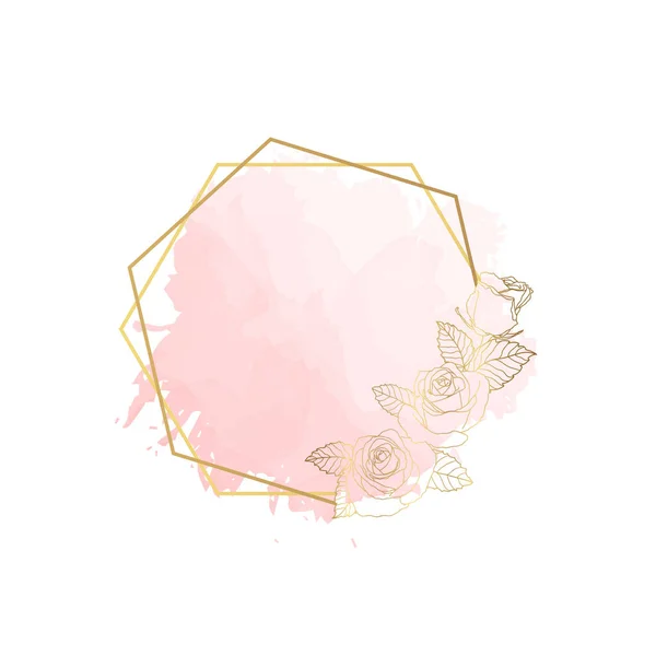 Handritade Gyllene Rosor Och Hexagonkrans Söt Doodle Stil Rosa Akvarell — Stock vektor