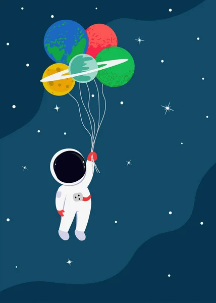 気球のような惑星が飛び交う宇宙飛行士 子供の誕生日パーティーのためのベクトルイラスト5X7招待カードのデザイン ポスター カバー テキストのコピースペース — ストックベクタ