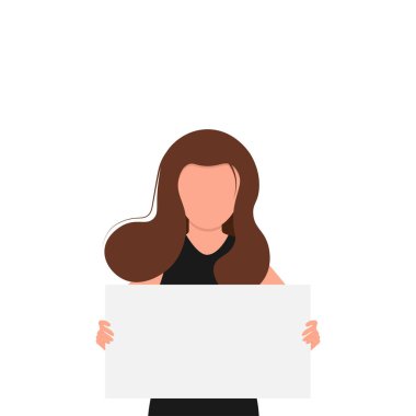 Kadın haklarını desteklemek için elinde boş bir kart tutan genç bir kadın. Kürtaj yasağına karşı protesto. Kadınların yasal kürtaj hakkı. Sancak için modern düz biçim vektör illüstrasyonu, web. Metin için alanı kopyala