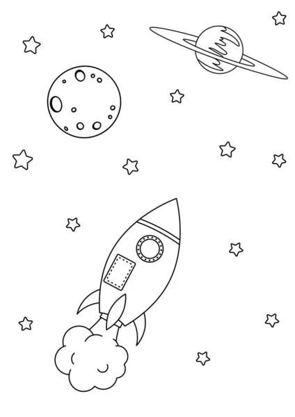 Spaceship Planets Stars Cute Cartoon Style Black Contour Elements Isolated — ストックベクタ