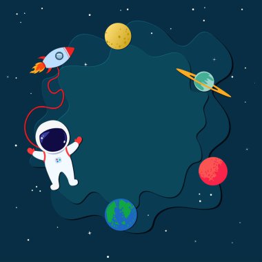 Kâğıt kesim tarzı astronot, roket ve karanlık arka plandaki gezegenler. Çocukların doğum günü partisi davetiye tasarımı için şirin düz vektör çizimi, okul kavramına bağlılık, metin için kopyalama alanı.