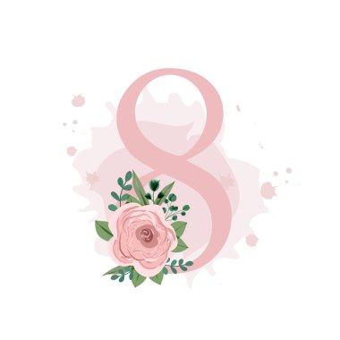 Number eight decorated with pink rose, leaves and watercolor splash isolated on white background. Vector illustration for birthday, wedding invitation, Woman's day, wedding table numbers and much more