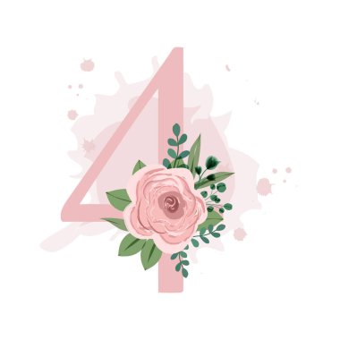 Number four decorated with pink rose, leaves and watercolor splash isolated on white background. Vector illustration for birthday, wedding invitation, wedding table numbers and much more.