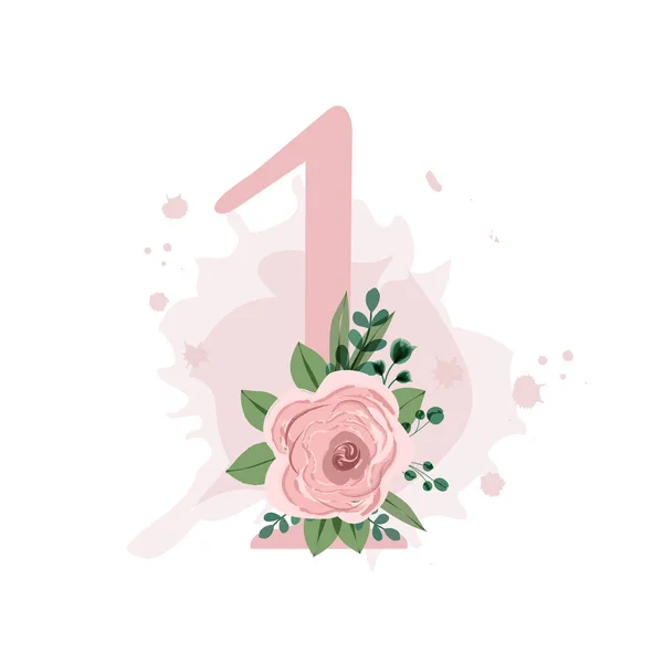 Number one decorated with pink rose, leaves and watercolor splash isolated on white background. Vector illustration for birthday, wedding invitation, wedding table numbers and much more.