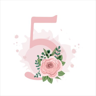 Number five decorated with pink rose, leaves and watercolor splash isolated on white background. Vector illustration for birthday, wedding invitation, wedding table numbers and much more.