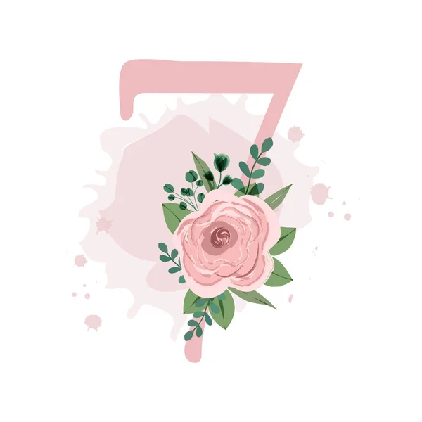 Number Seven Decorated Pink Rose Leaves Watercolor Splash Isolated White — ストックベクタ