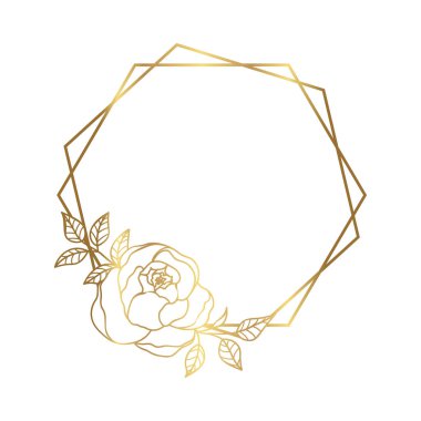 Hand drawn golden peony flower and hexagon frame in cute doodle style on white background. Luxury vector illustration for postcard, wedding invitations, birthday, quotes,thank you card. Copy space