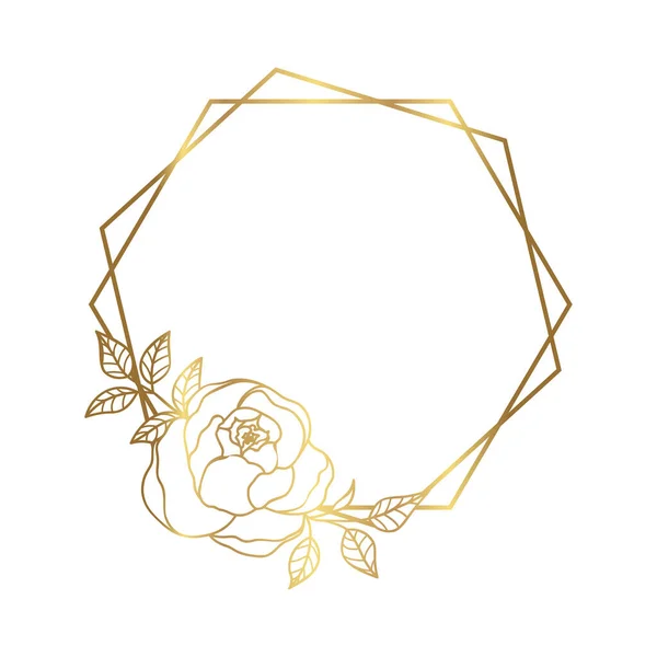 Hand Drawn Golden Peony Flower Hexagon Frame Cute Doodle Style — Stockvector