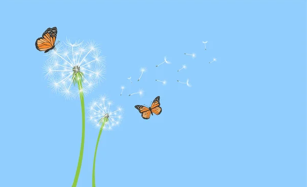 Colorful Dandelion Flying Seeds Monarch Butterflies Blue Background Banner Vector — Image vectorielle