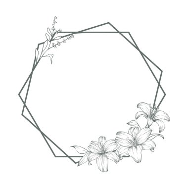 Hand drawn dark green lily flower polygonal frame and lavender on white background. Luxury vector illustration for postcard, wedding invitations, birthday, quotes, thank you card, mother's day.