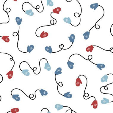 Hand drawn doodle mittens seamless pattern illustration on white background. Vector graphic design for textile, postcard, wrapping paper, fabric, social media, sale, christmas winter backgrounds.