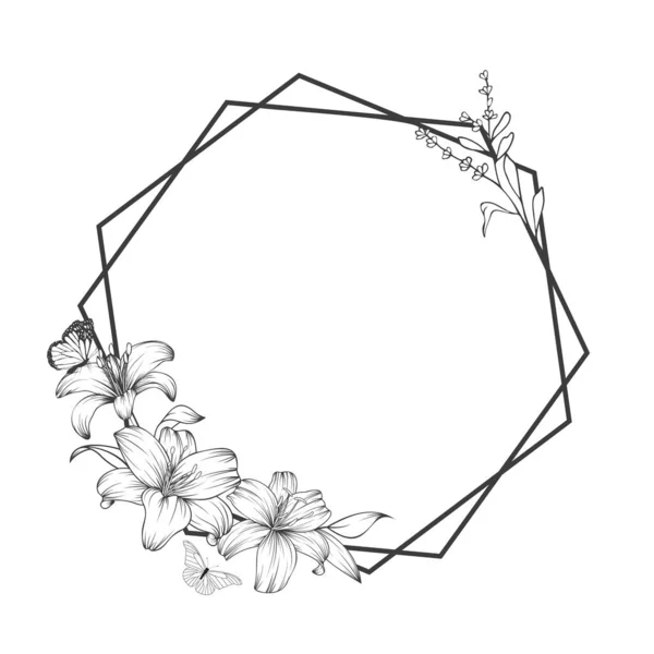 Hand Drawn Black Lily Flowers Hexagon Frame Butterflies White Background — Archivo Imágenes Vectoriales
