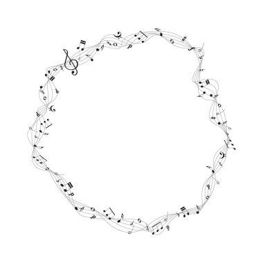 Siyah müzik ekibi ve beyaz arkaplanda çeşitli notalar. Müzikal 3D notalar ses, şarkı, sunum, bayrak, logo, poster, ses, kapak, kart tasarımı için melodi vektör çizimi