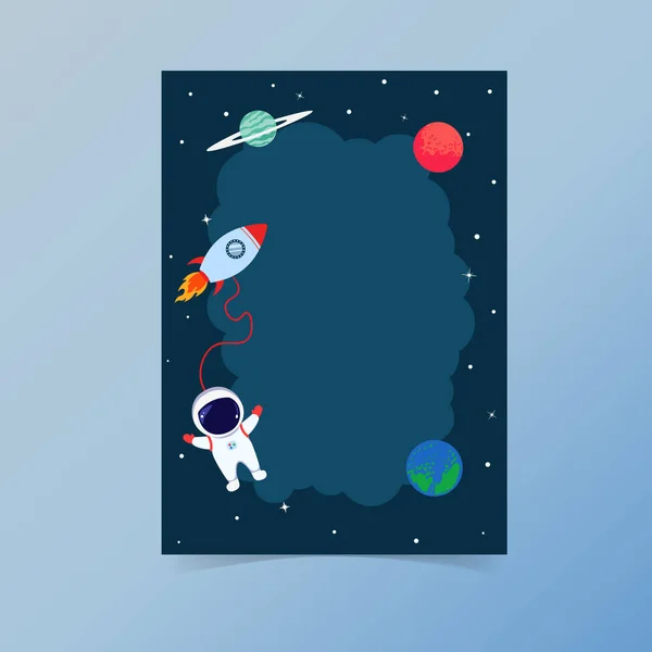 Boy Space Invitation Template Astronaut Floating Planets Cute Flat Cartoon — Stock Vector