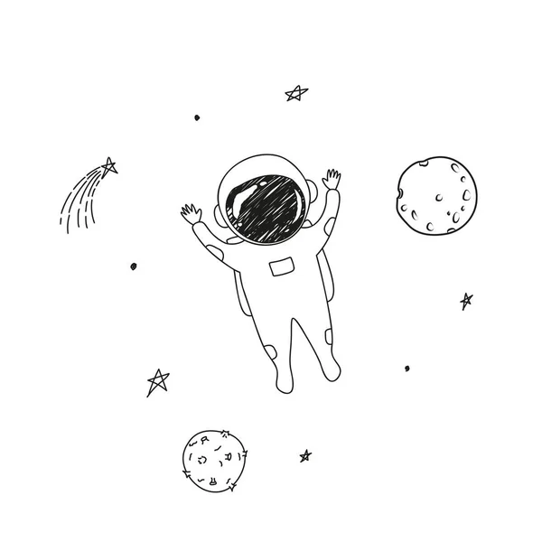 白い背景にかわいい子供っぽいドードルスタイルで黒の幸せな宇宙飛行士 惑星や星を描きました プリント ファブリック テキスタイル パターン 赤ちゃんや子供のアパレルなどのベクトルイラスト — ストックベクタ