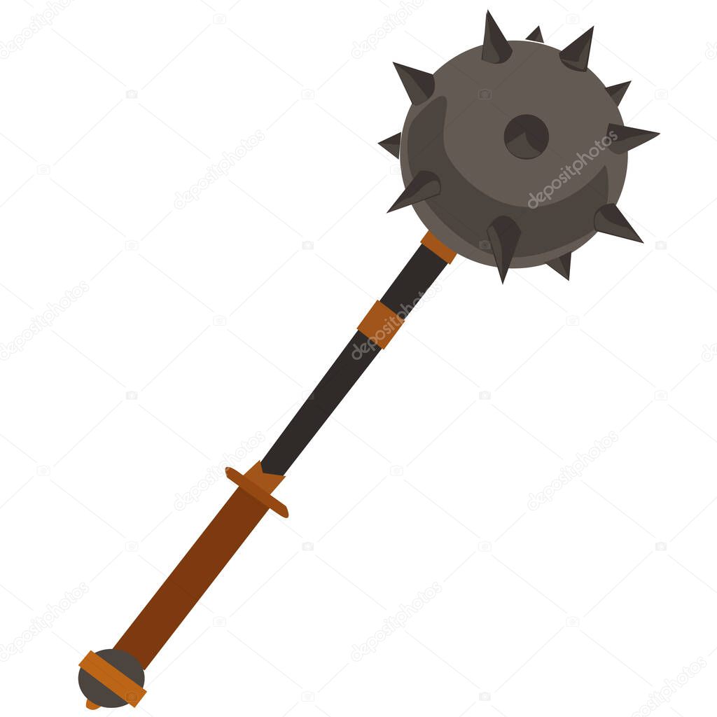 Vector detailed image of a mace - an ancient Ukrainian weapon of the Cossacks, a wooden club with a metal ball on top with spikes, an ancient weapon, a Ukrainian traditional item