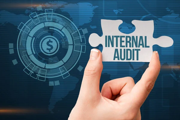 Text sign showing Internal Audit. Internet Concept Evaluates the effectiveness of the controls and processes Hand Holding Jigsaw Puzzle Piece Unlocking New Futuristic Technologies. — Stock Photo, Image