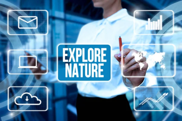 Conceptual caption Explore Nature. Business showcase Discovering the countryside Enjoying the wildlife Travel Lady In Uniform Holding Tablet In Hand Virtually Typing Futuristic Tech.