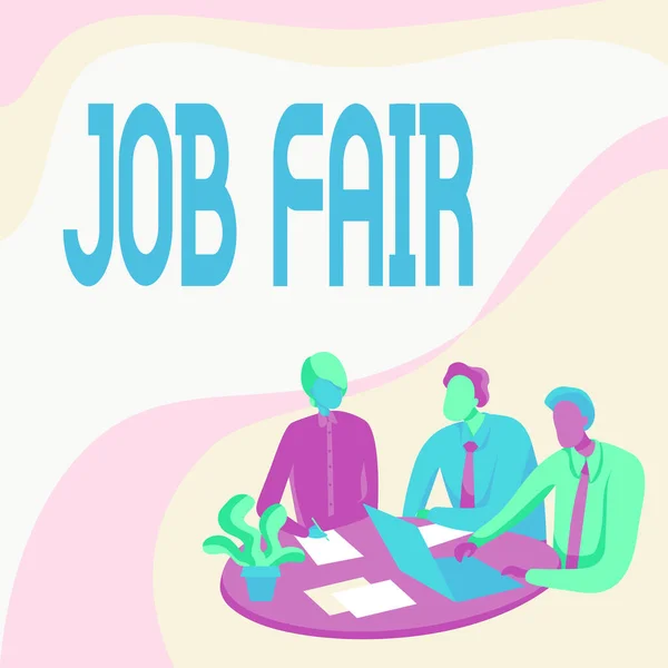 Письменный текст Job Fair. Мероприятие бизнес-идеи, в котором работодатели вербовщики дают информацию сотрудникам Коллеги рисование на рабочем столе с ноутбуком Обсуждение. — стоковое фото