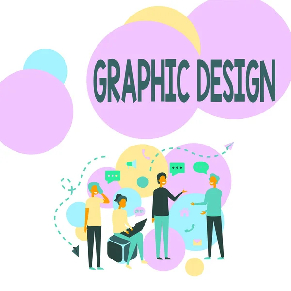 Handskrift tecken Grafisk Design. Begreppet betyder konst eller skicklighet att kombinera text och bilder i reklam Fyra Kollegor Illustration Att ha samtal Brainstorming Nya idéer. — Stockfoto