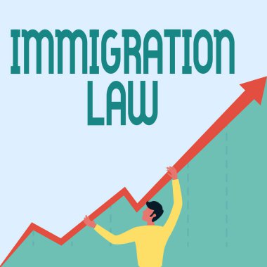 Göçmenlik Yasası 'nı gösteren bir yazı. Ulusal kavramsal fotoğraf ulusal tüzüğü ve Göçmen Adamının Grafik Oku Gösteren İşletme Büyümesini Yöneten Hukuki emsaller.