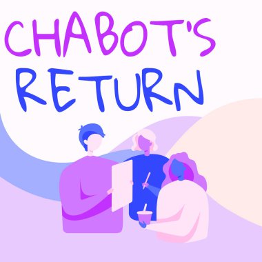 Kavramsal görüntü Chabot S Dönüşü. Kavramsal fotoğraf, konuşmanın geri dönüşü, işitsel ya da metinsel metot, meslektaşlar birbirleriyle konuşuyor, kağıt kalem kupası tutuyorlar..