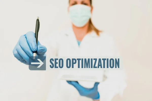 Έμπνευση που δείχνει σημάδι Seo Optimization. Επιχειρηματική έννοια αυξανόμενη ορατότητα μιας ιστοσελίδας ή μιας ιστοσελίδας στους χρήστες Επίδειξη Ιατρικής Techology Παρουσιάζοντας Νέα Επιστημονική Discovery — Φωτογραφία Αρχείου