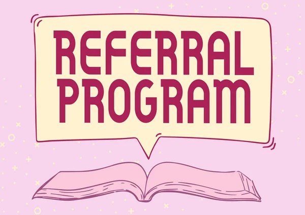 Hand writing sign Referral Program. Business overview employees are rewarded for introducing suitable recruits Open Book illustration With Speech Bubble Presenting A Quote Message News.