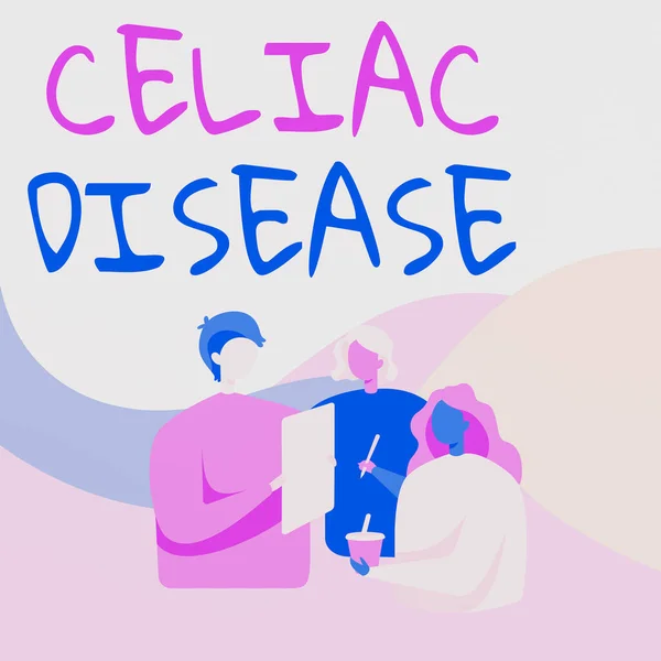 Handschrift tekst Celiac Disease. Bedrijfsconcept auto-immuunziekte die voornamelijk invloed heeft op de dunne darm Collega 's staande praten met elkaar Holding Paper Pen Cup. — Stockfoto