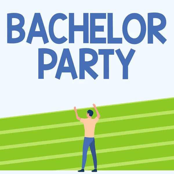 Text showing inspiration Bachelor Party. Business approach a party given for a man who is about to get married Athletic Man Standing On Track Field Raising Both Hand Showing Celebration. — Stock Photo, Image