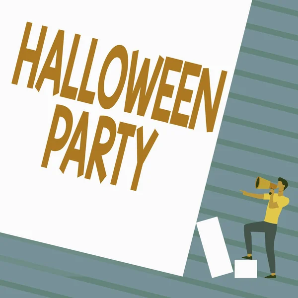 Text sign showing Halloween Party. Internet Concept eve of the Western Christian feast of All Hallows Day Man Standing Drawing Holding Megaphone Pointing Blank Wall. — Stock Photo, Image