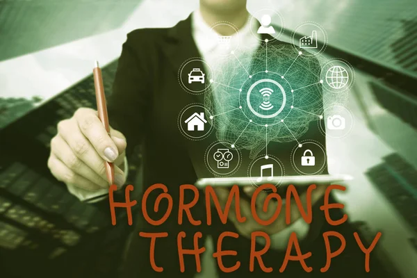 Handwriting text Hormone Therapy. Business approach treatment of disease with synthetic derived hormones Lady In Uniform Standing Holding Tablet Typing Futuristic Technologies.