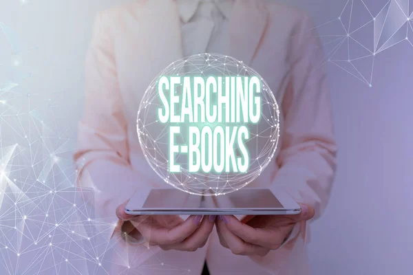 Text caption presenting Searching E Books. Word for looking for an electronic form of educational material Woman In Suit Holding Tablet With Circular Holographic Display. — Stock Photo, Image