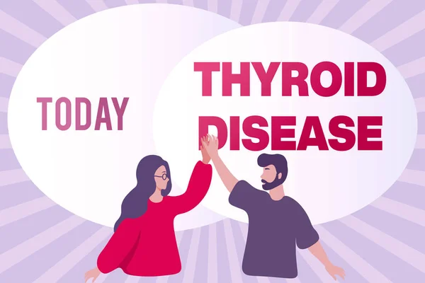 Text showing inspiration Thyroid Disease. Word Written on the thyroid gland fails to produce enough hormones Happy Colleagues Illustration Giving High Fives To Each Other.