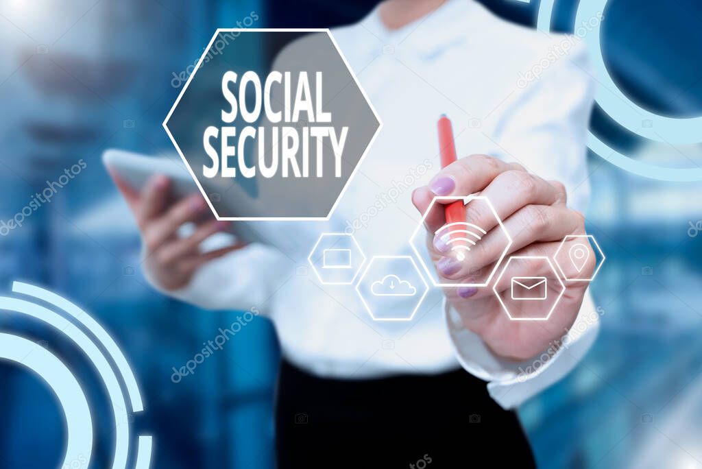 Conceptual display Social Security. Conceptual photo government system that provide monetary assistance to showing Lady In Uniform Holding Tablet In Hand Virtually Typing Futuristic Tech.