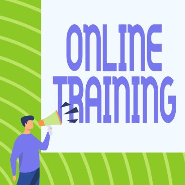 Çevrimiçi Eğitim işaretini gösteren bir ilham. İş yaklaşımı, eğitim programını elektronik ortamdan alın. İşadamı Megafonla Konuşarak Yeni Duyurular Yapıyor..