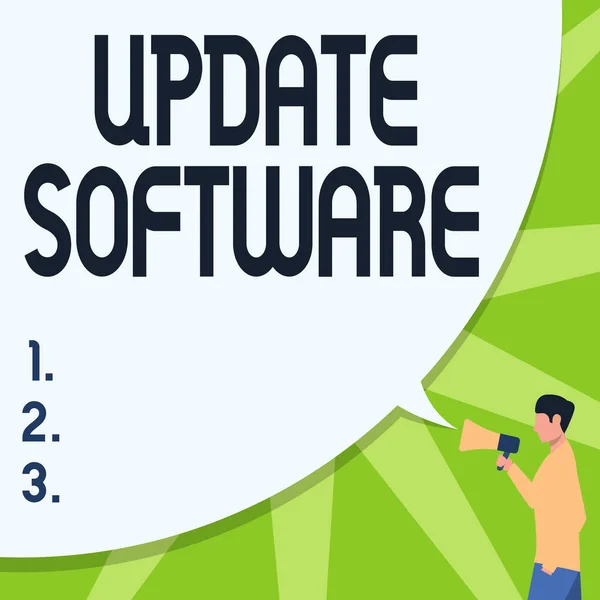 Bildunterschrift: Update Software. Konzept bedeutet, Programm durch eine neuere Version desselben Produkts zu ersetzen Man Drawing Hand In Pocket Holding Megaphone With Large Speech Bubble. — Stockfoto