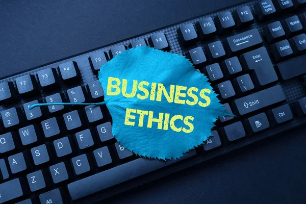 Conceptual display Business Ethics. Conceptual photo Moral principles that guide the way a business behaves Abstract Typing New Business Slogan Message, Writing Market Strategies — Stock Photo, Image
