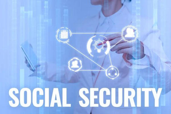 Text caption presenting Social Security. Business concept assistance from state showing with inadequate or no income Lady In Uniform Touching And Using Futuristic Holographic Technology. — Stock Photo, Image