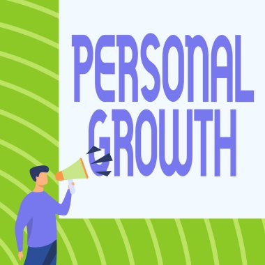 İlham göstergesi Kişisel Büyüme. İş dünyası gösterisi becerilerinizi geliştirir. Yeni malzemeler öğrenirsiniz. İş adamı çizer, megafonla konuşur ve yeni bir duyuru yapar..