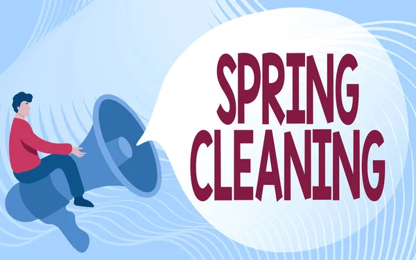 Πινακίδα που δείχνει Spring Cleaning. Επιχειρηματική ιδέα πρακτική του σχολαστικού καθαρισμού σπίτι την άνοιξη Gentleman Drawing Riding Big Megaphone Εμφάνιση Bubble Ομιλία. — Φωτογραφία Αρχείου