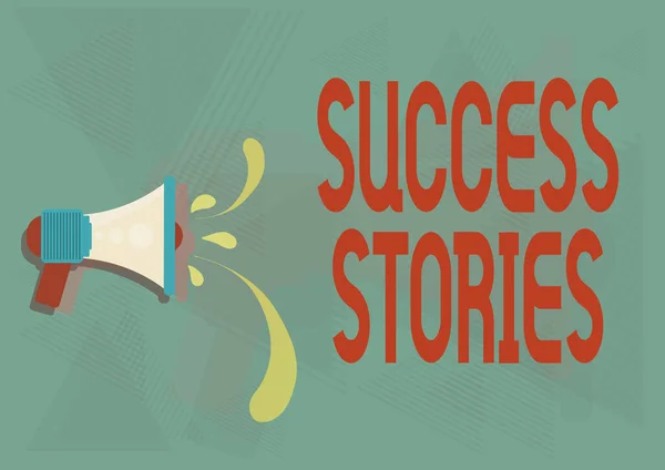 Text showing inspiration Success Stories. Business concept life of rule models from how he started to his death Illustration Of Megaphone Throwing Out Water Drops Making Announcement. — Stock Photo, Image