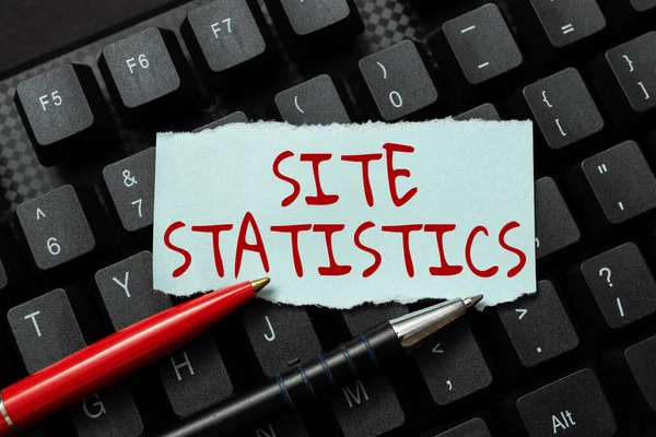 Mão escrita sinal Site Statistics. Medição de abordagem de negócios do comportamento dos visitantes de determinado site Criando revistas on-line, Digitando novos artigos, Fazendo novos títulos — Fotografia de Stock