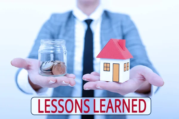 Conceptual caption Lessons Learned. Business concept information reflects positive and negative experiences Real Estate Agent Selling New Property, Architect Giving House Building Tip