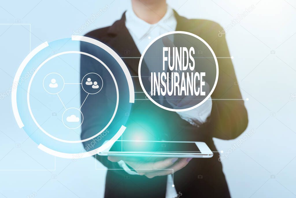 Text sign showing Funds Insurance. Business idea Form of collective investment offered an assurance policies Woman In Uniform Holding Mobile Phone Showing Futuristic Virtual Icons